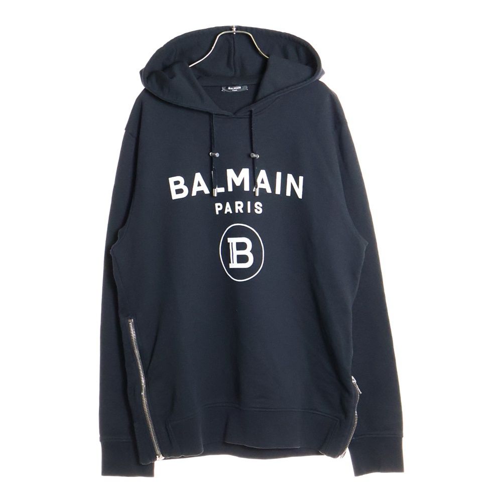 BALMAIN ロゴプリント パーカー BALMAIN (バルマン) ロゴフロッキー プリントサイドジップ プル