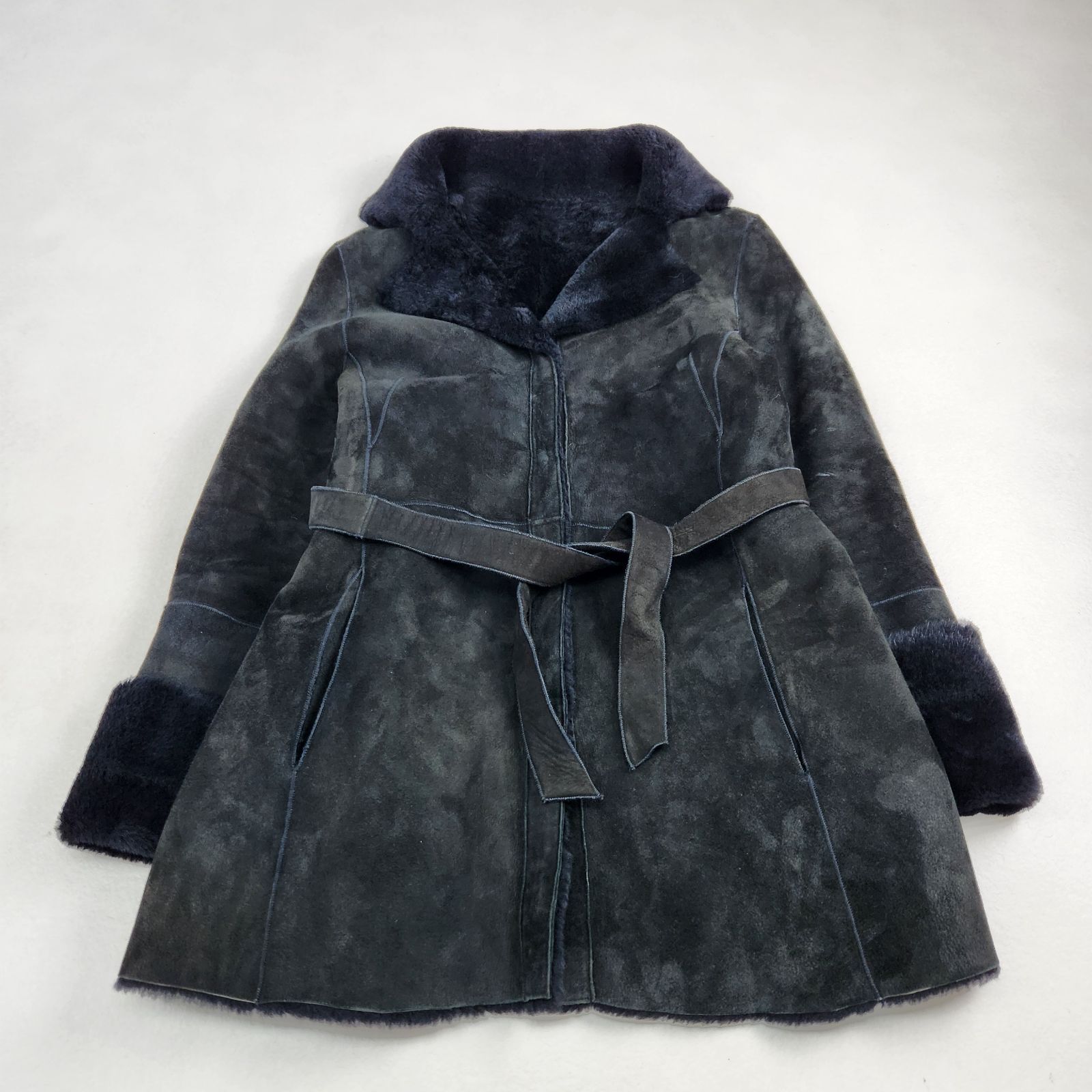 ムートン 毛皮コート レザー ベルト ラムレザー L XL相当 ブラック