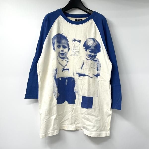 中古】90s～00s STUSSY ラグランフォトロンT USA製 ホワイト/ブルー