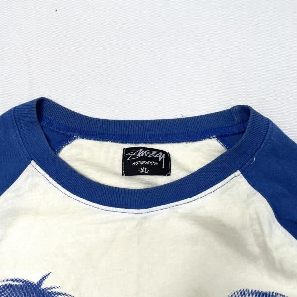 中古】90s～00s STUSSY ラグランフォトロンT USA製 ホワイト/ブルー