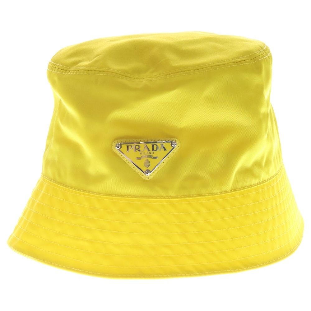 PRADA プラダ バケットハット ジッパーポケット付き イエロー PRADA (プラダ) トライアングルプレートロゴ ナイロンバケットハット