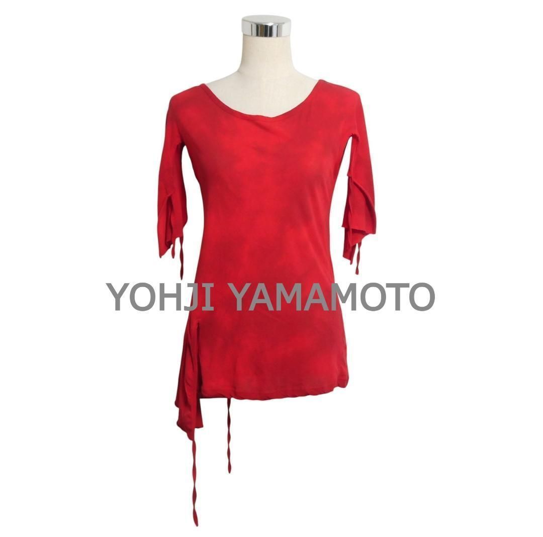 YOHJI ヨウジヤマモト サイズ2 ダイダイ 総柄 コットン リボン アシンメトリー クルーネック 半袖 五分袖 カットソー Tシャツ 赤 レッド レディース