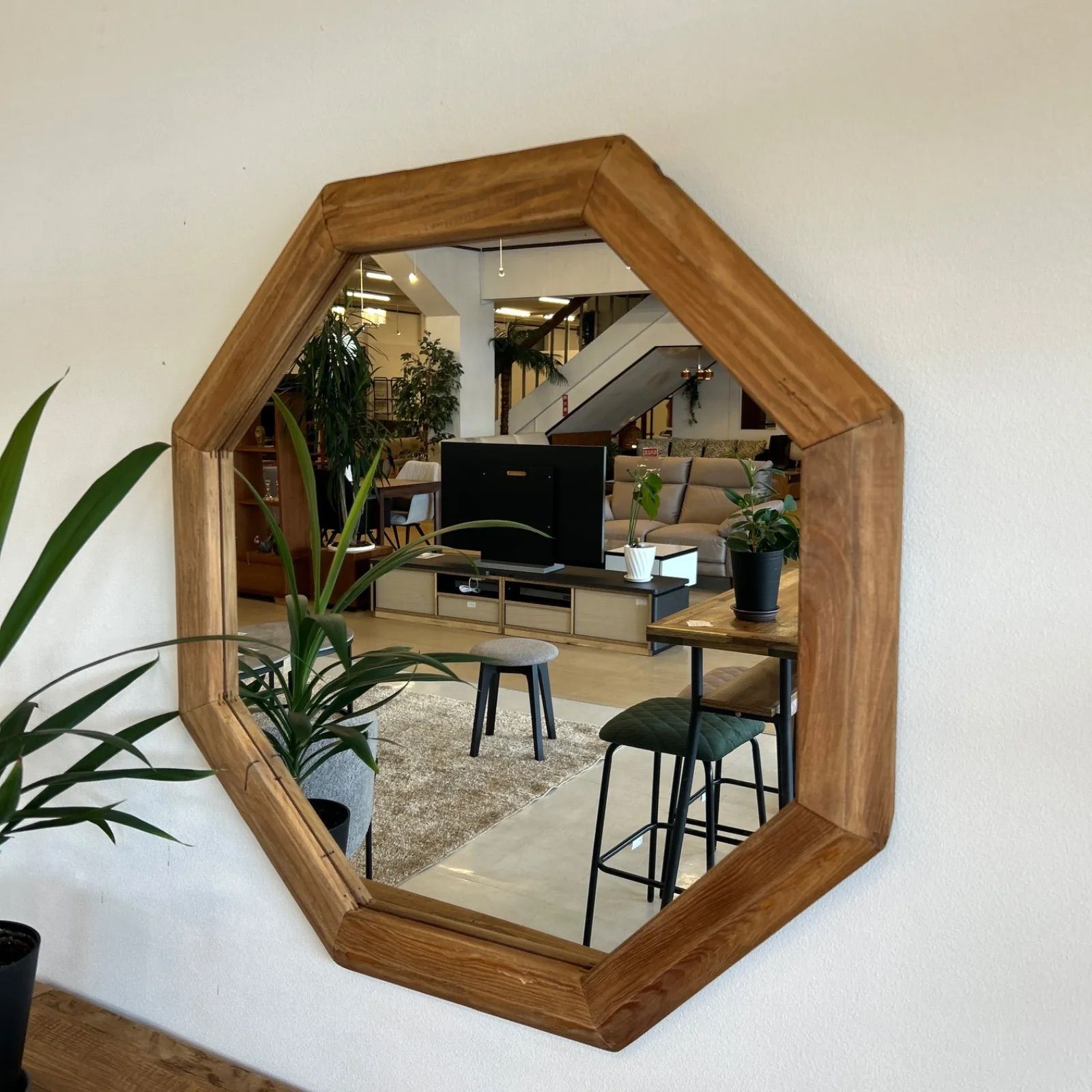 鏡 オクタゴンミラー リサイクルパイン無垢材 アンティーク 木製カガミ