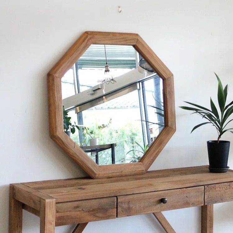 鏡 オクタゴンミラー リサイクルパイン無垢材 アンティーク 木製カガミ