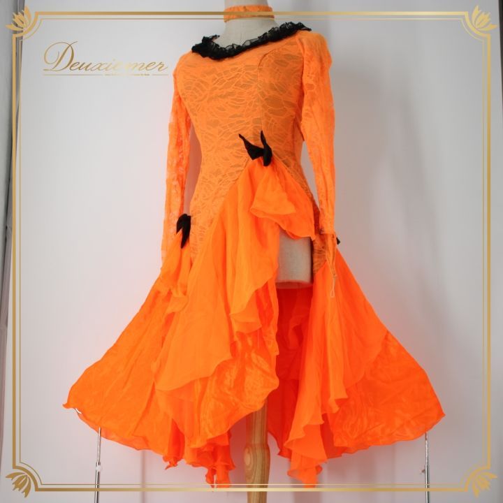 Y4572★M★オレンジ/斜めフリル/ラテンドレス☆社交ダンス/パーティー Y4572☆M☆オレンジ/斜めフリル/ラテンドレス☆社交ダンス/パーティー