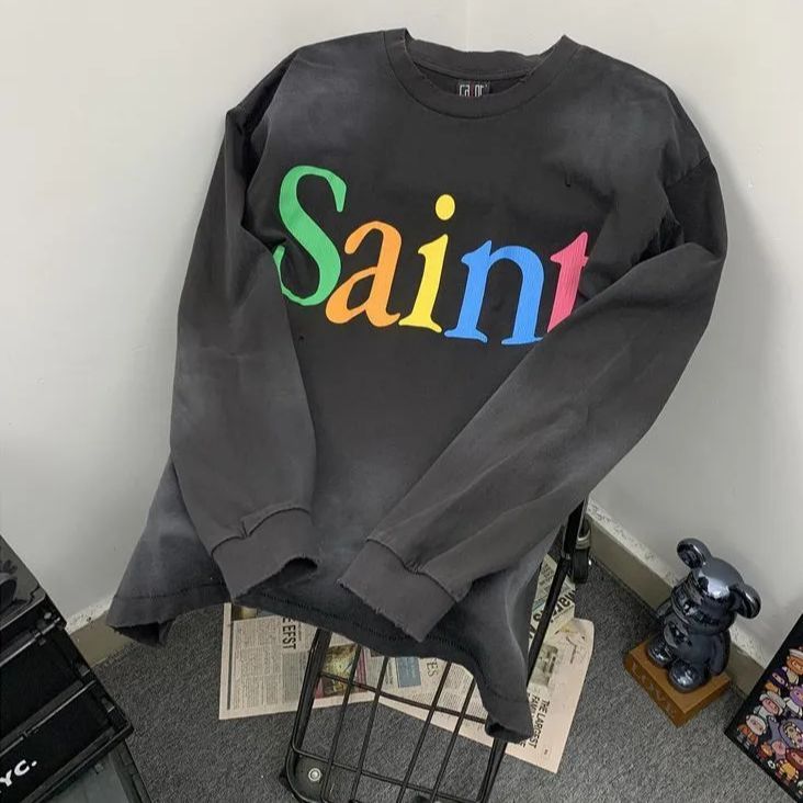 ♥ レインボーロゴ プリント ヴィンテージウォッシュ ヘビーウェイト 長袖Tシャツ ルーズフィット ユニセックス K