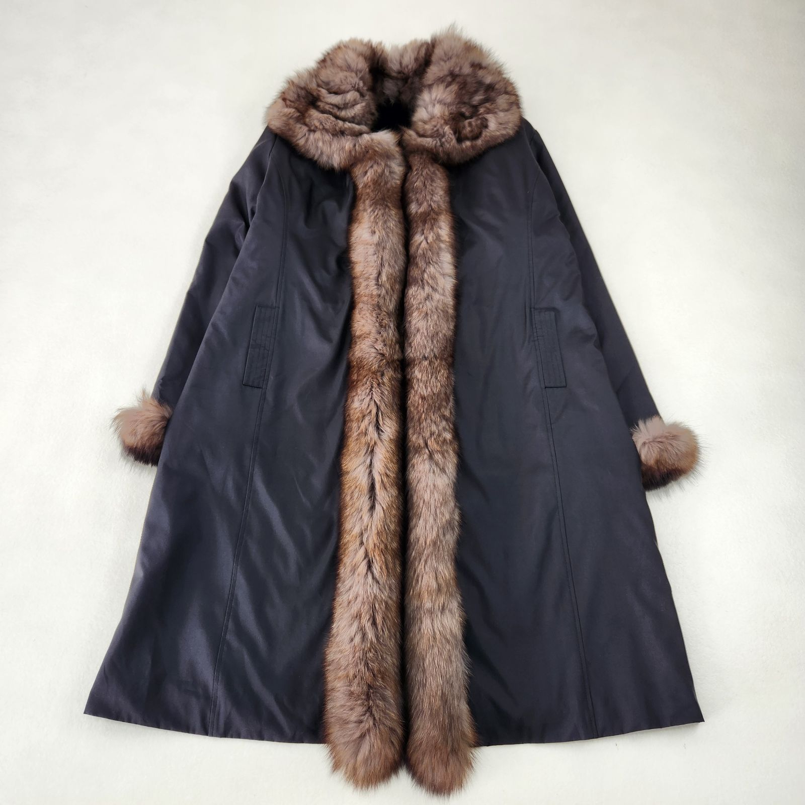 美品 ヴィンテージ ロングコート シルク100% フォックスファー 