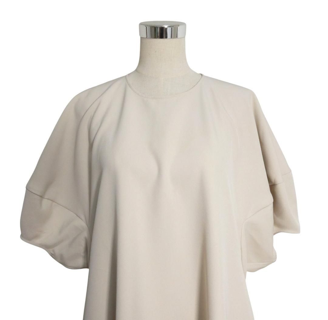 CLANE クラネ サイズ2 LANTERN SLEEVE FLARE ONE PIECE ランタンスリーブ フ ワンピース ドレス ストレッチ 半袖 マキシ ロング Aライン ベージュ レディース