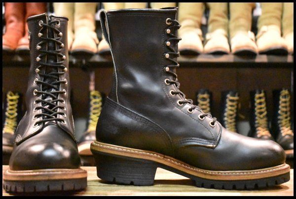 9 D Y s別注 PT 99刺繍EH 02年 レッドウィング 2218 ロガー 黒 ブラッククローム 編み上げ ロング ブーツ redwing FL 435