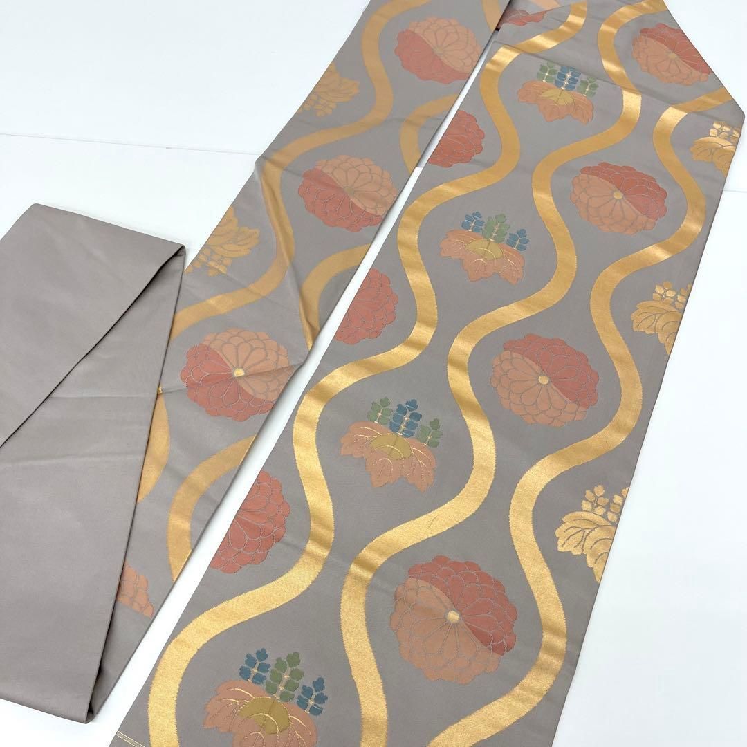 着物と帯 時流 N 25115◆正絹 九寸名古屋帯◆立涌に桐 菊 グレー