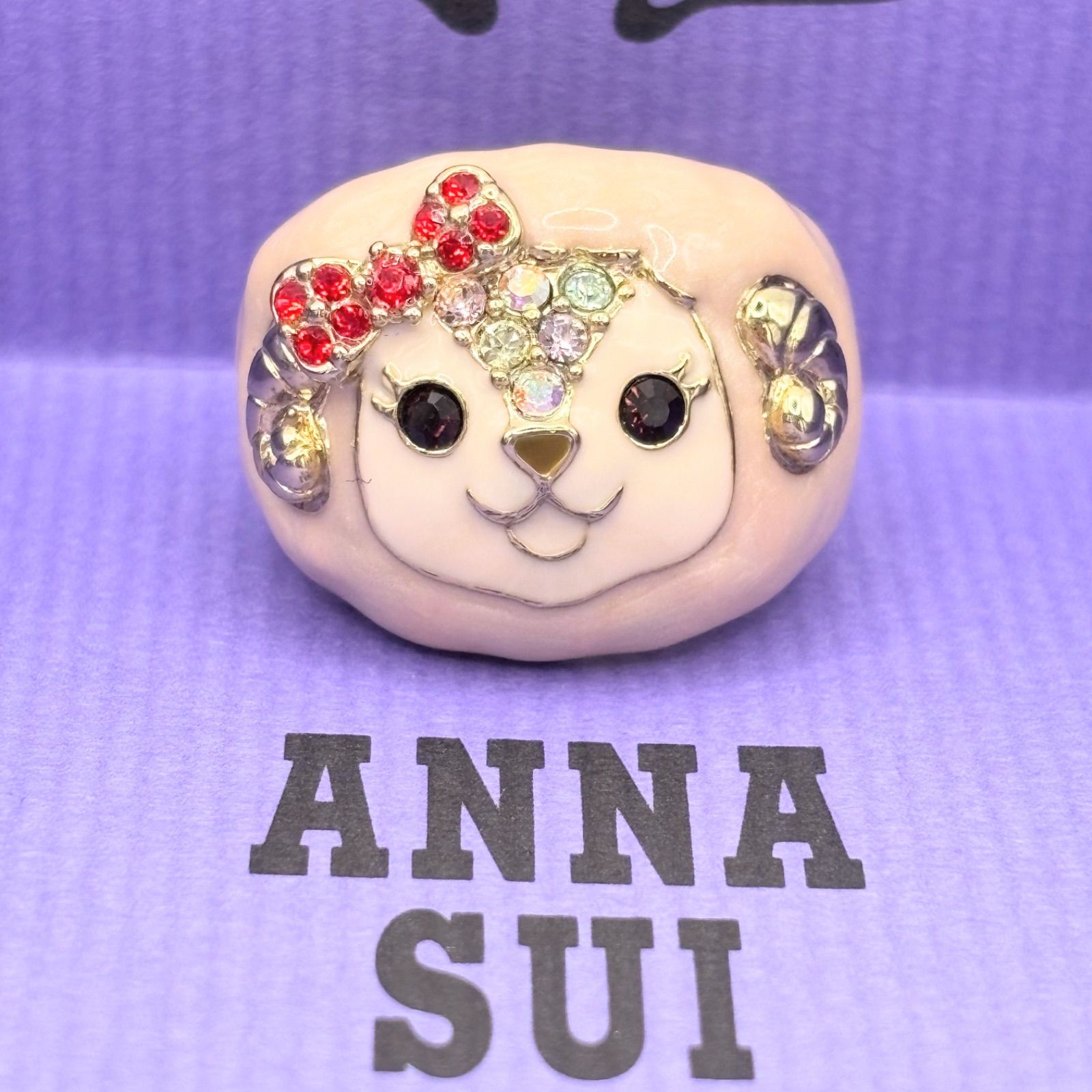 ANNA SUI アナスイ 羊 リング 指輪 ヒツジ 干支 動物 アニマルモチーフ ワイドリング ゴールド ピンク リボン ビジュー ラインストーン キラキラ 可愛い レディース