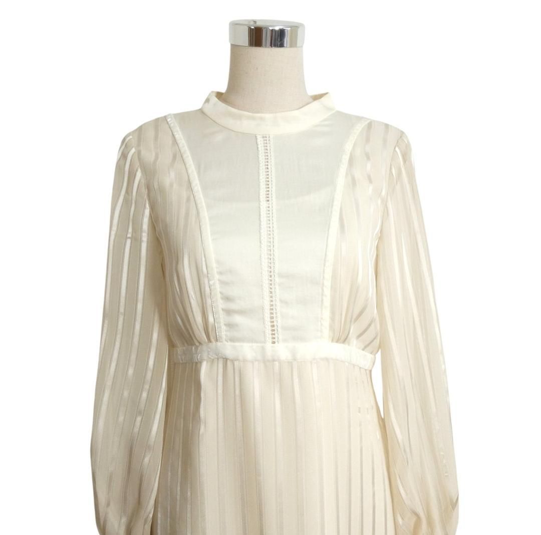 JILL STUART ジルスチュアート サイズ2 ポリエステル ストライプ柄 インナーキャミソール付き ロング丈 バンドカラー 長袖 フ ワンピース ドレス ベージュ×アイボリー レディース