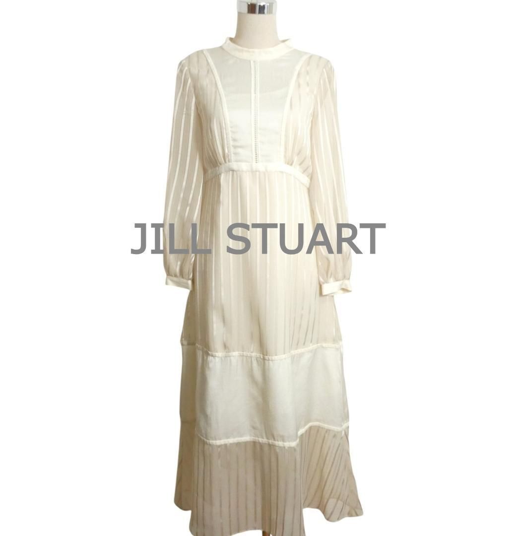 JILL STUART ジルスチュアート サイズ2 ポリエステル ストライプ柄 インナーキャミソール付き ロング丈 バンドカラー 長袖 フ ワンピース ドレス ベージュ×アイボリー レディース