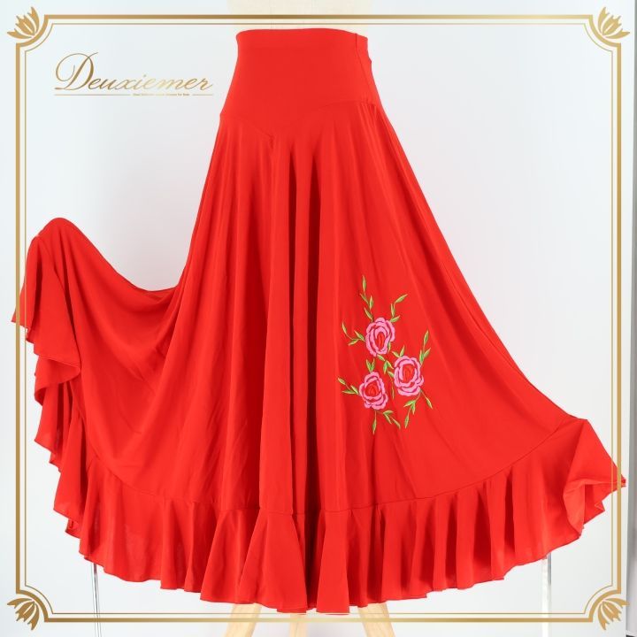 フラメンコ 衣装 ファルダ スカート 赤 刺繍 ボランテ フリル 花 伸縮
