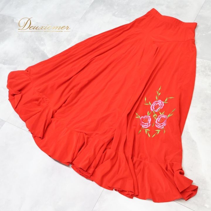 フラメンコ 衣装 ファルダ スカート 赤 刺繍 ボランテ フリル 花 伸縮