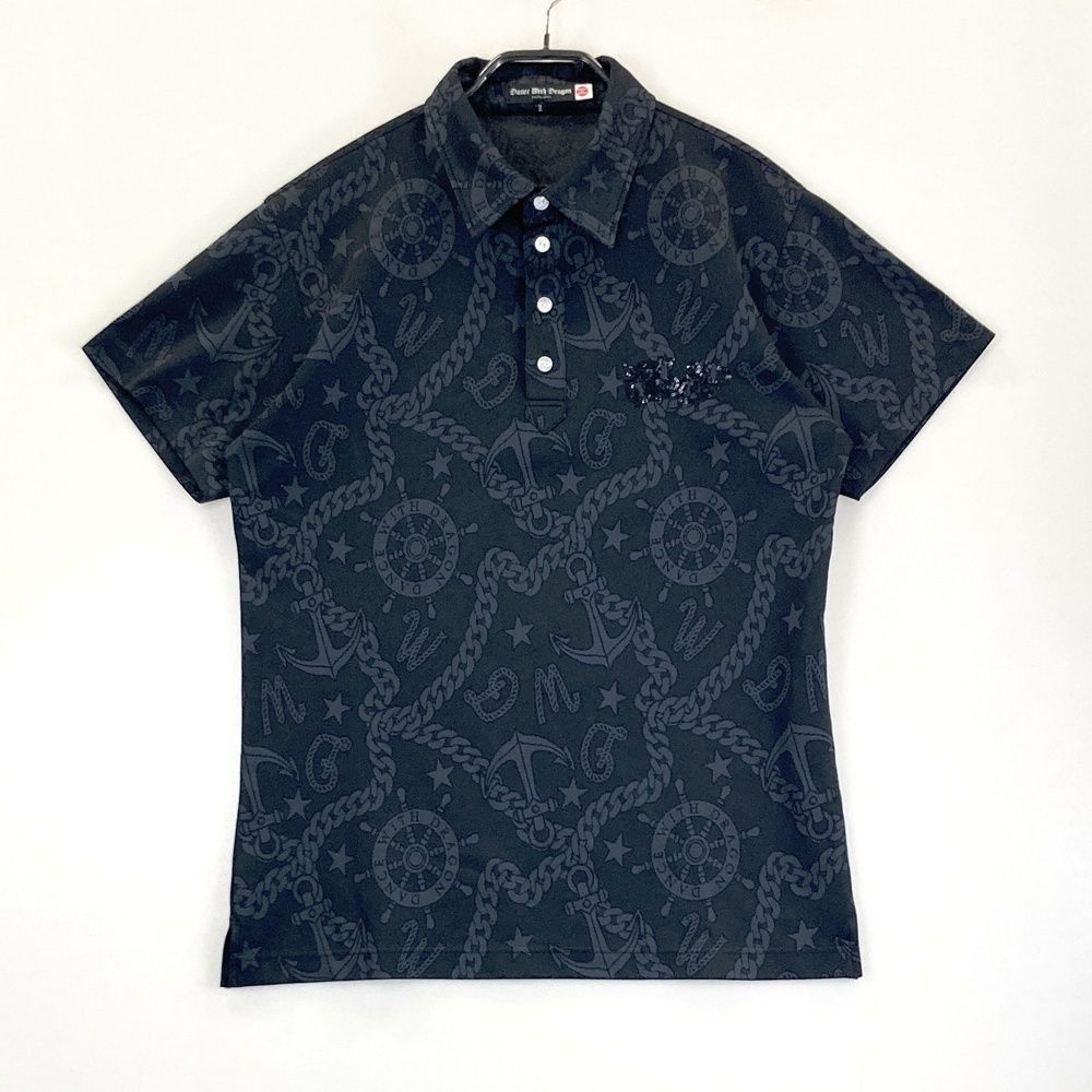 サイズ 2 DANCE WITH DRAGON ダンスウィズドラゴン 半袖ポロシャツ 総柄 ブラック系 ゴルフウェア メンズ ストスト