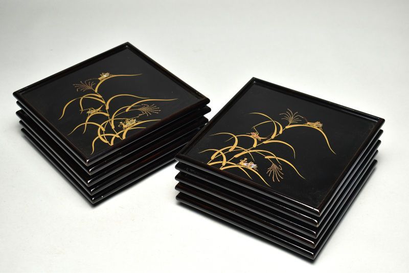 蔵A 5866 木製蒔絵 鈴虫図 吸物膳 四方盆 十客