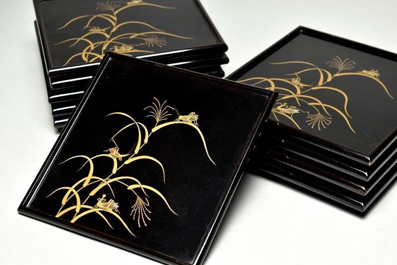 蔵A 5866 木製蒔絵 鈴虫図 吸物膳 四方盆 十客