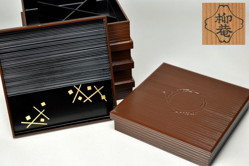 木製漆塗り 柳菴作 柳筥 出世膳 5客 弁当箱 共箱 未使用 骨董品、美術
