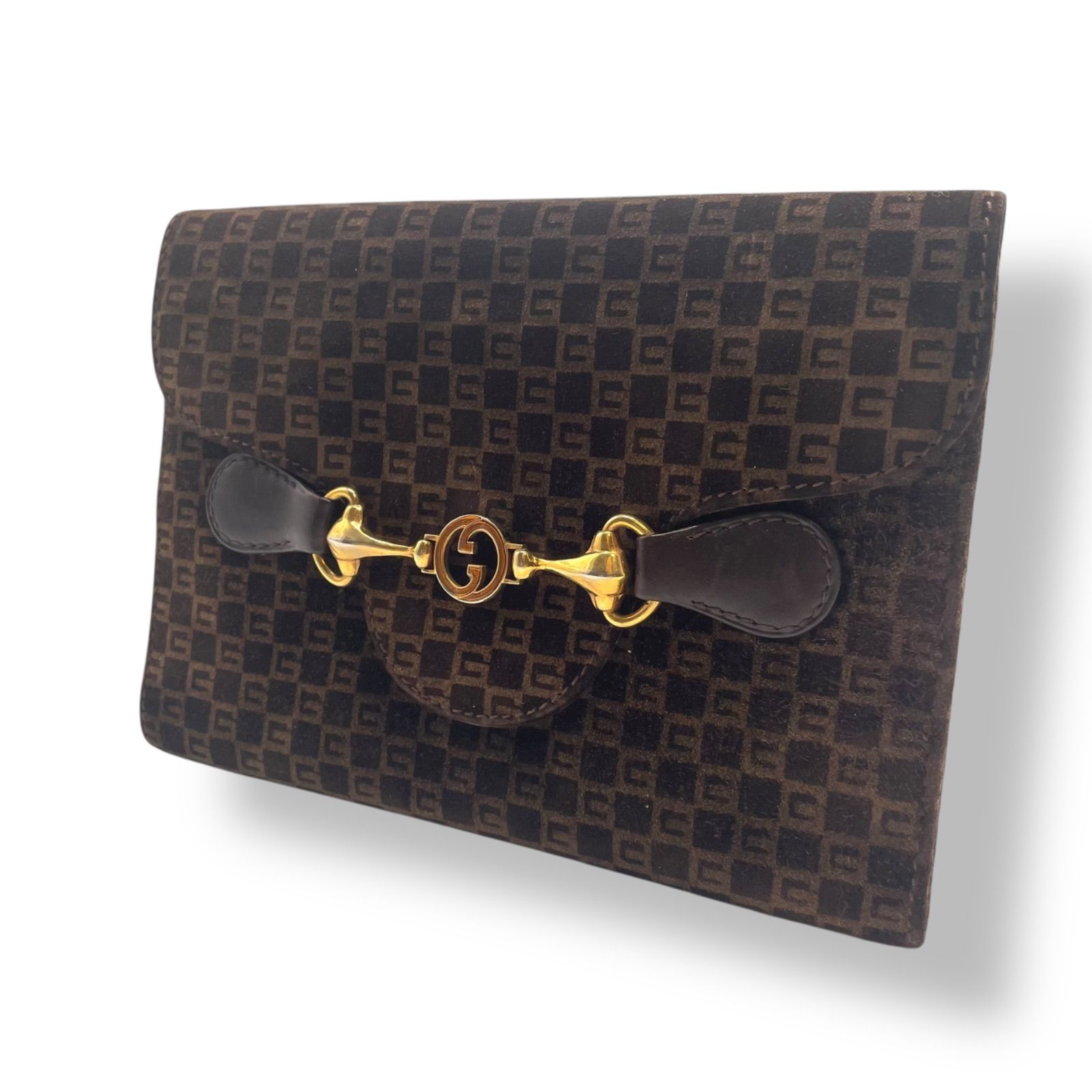 OLD GUCCI_オールドグッチ ポーチ ホースビット GG金具 総柄 スエード