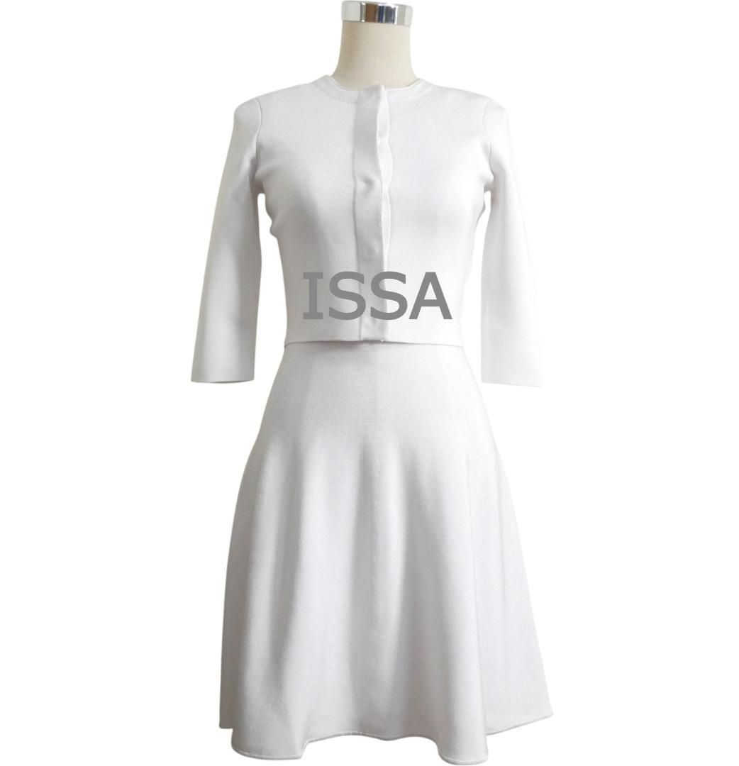 ISSA イッサ サイズXS レーヨン ストレッチ Aライン 七分袖 ノーカラージャケット × 膝丈 ノースリーブ フ ワンピース セットアップ 白 ホワイト レディース