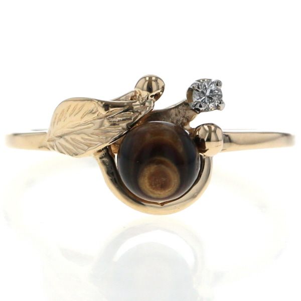 マウイダイバーズ K 14 YG リング タイガーアイ ダイヤモンド ハワイアンジュエリー リーフ 指輪 10.5号 仕上済 zz