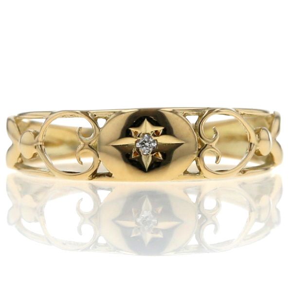 K 18 YG イエローゴールド リング ダイヤモンド 0.01 ct 五光 後光 一粒 星留め レース ハート 指輪 8号 仕上済 zz