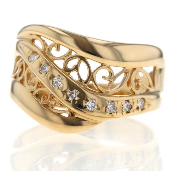 K 18 YG イエローゴールド リング ダイヤモンド アラベスク ツタ ウェーブ レース ライン 指輪 11号 仕上済 zz