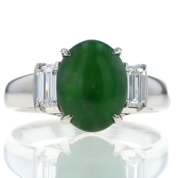 Pt 900 プラチナ リング 翡翠 3.97 ct ダイヤモンド 0.57 オーバル カボション バゲット 指輪 18号 仕上済 zz