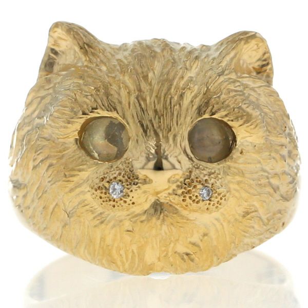 K 18 YG イエローゴールド リング クリソベルキャッツアイ ダイヤモンド 猫 アニマル キャット彫金 指輪 12号 仕上済 zz