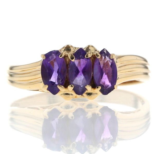 K 18 YG イエローゴールド リング アメジスト マーキス 3石 ウェーブ シンプル 指輪 11号 仕上済 zz