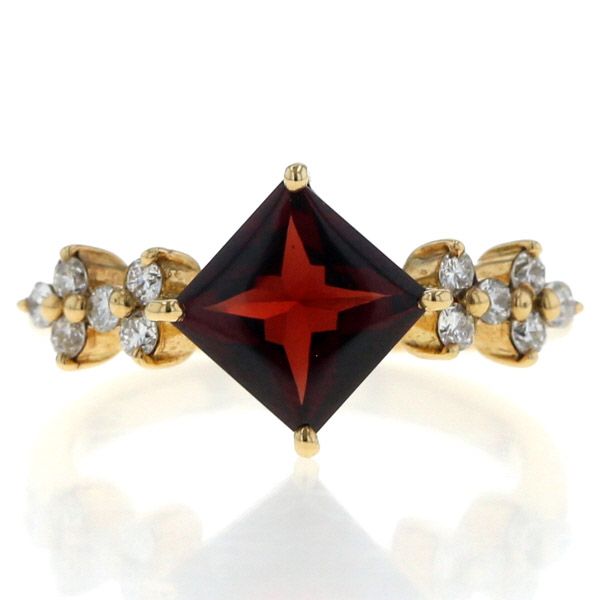 K 18 YG イエローゴールド リング ガーネット ダイヤモンド 0 25 ct スクエア 花 フラワー 指輪 11号 仕上済 zz
