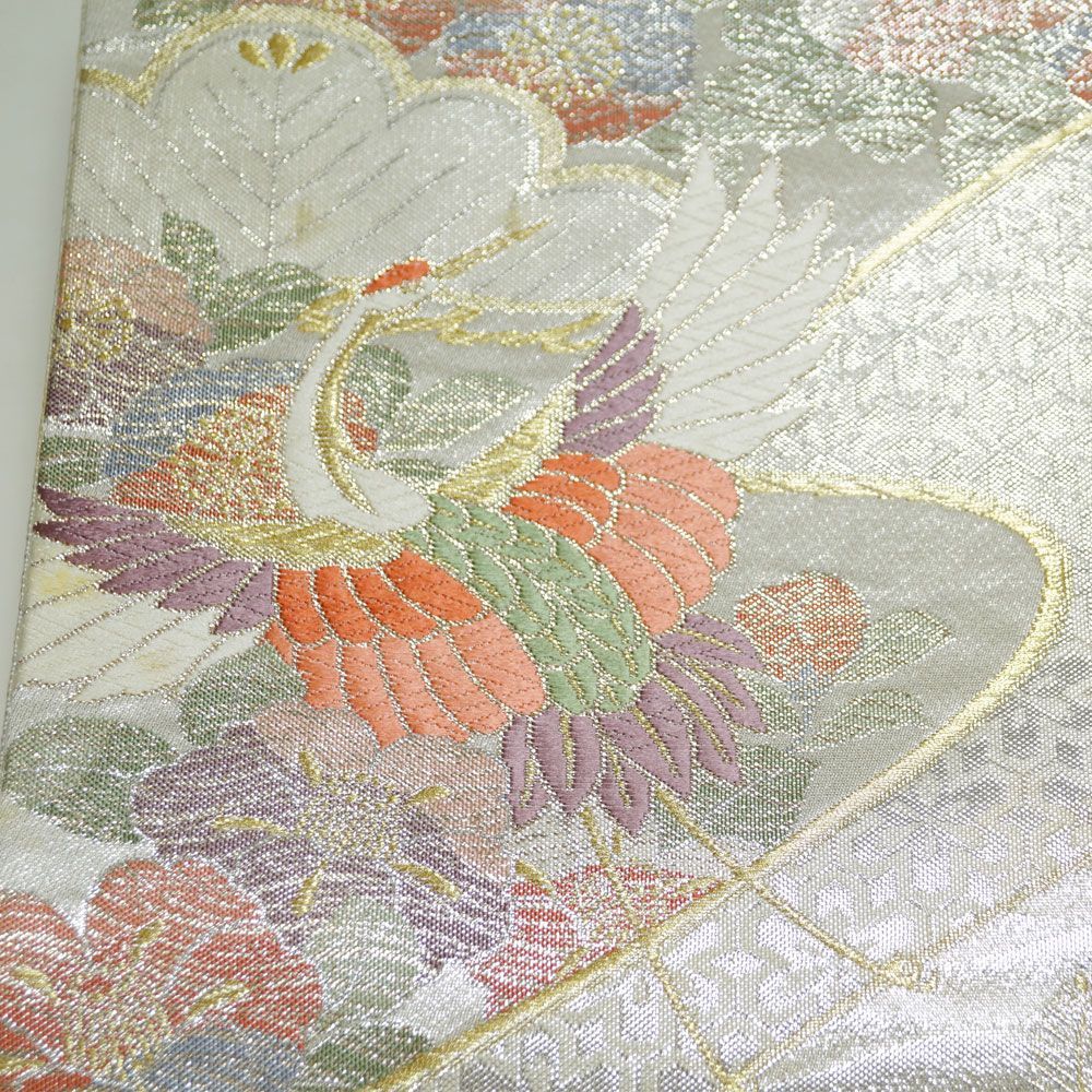 袋帯 佐賀錦 難有品 飛鶴に流水、百花模様 銀糸 六通柄 銀色系 【袋帯