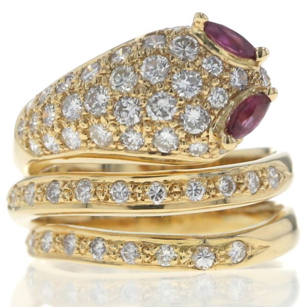 K 18 YG イエローゴールド リング ルビー 0.25 ct ダイヤモンド 1.05 蛇 ヘビ スネーク パヴェ アニマル 指輪 9号 仕上済 zz