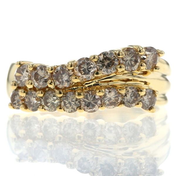 K 18 YG イエローゴールド リング ダイヤモンド 1.00 ct ブラウン ライン 2連 ウェーブ 指輪 12号 仕上済 zz