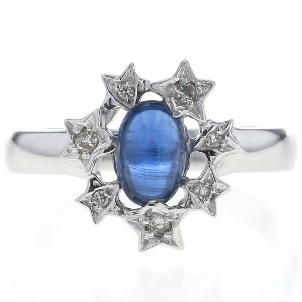 K 14 WG リング ブルートルマリンキャッツアイ 1.37 ct ダイヤモンド カボション 星 スター 取り巻き 指輪 11号 仕上済 zz