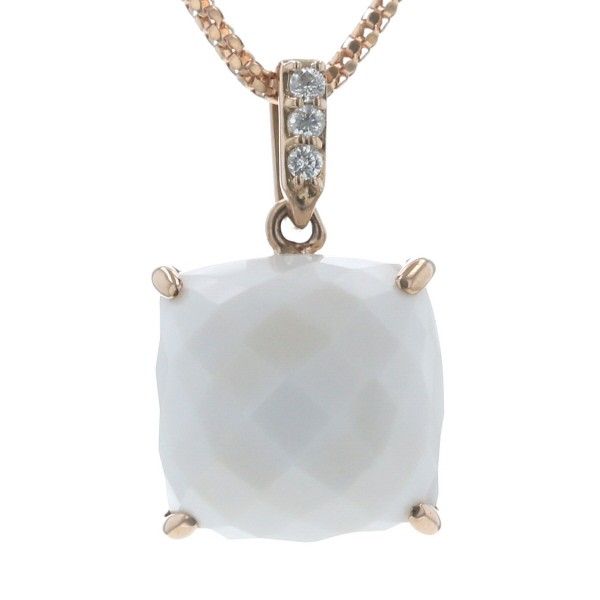 K 18 PG ピンクゴールド ネックレス カルセドニー 7.77 ct ダイヤモンド 0.04 クッションカット 大粒 45 cm 仕上済 zz