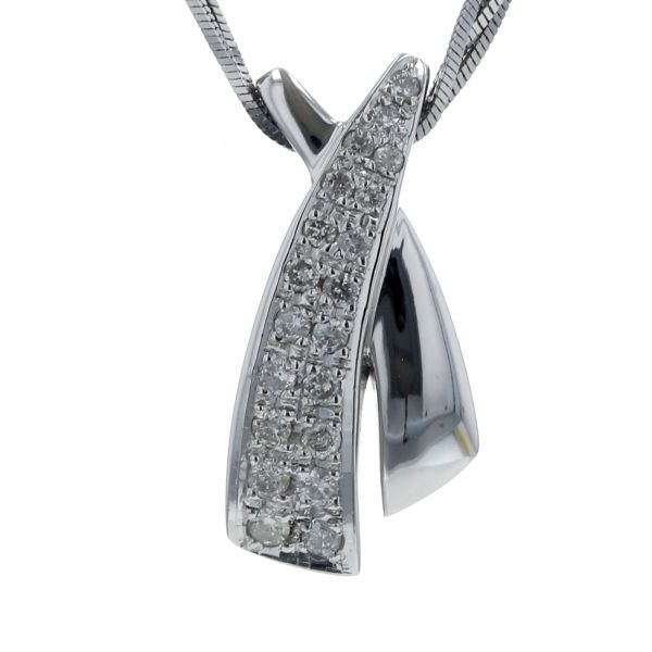 K 14 WG ホワイトゴールド ネックレス ダイヤモンド 0.30 ct パヴェ リボン クロス 3連 チェーン 40 cm 仕上済 zz