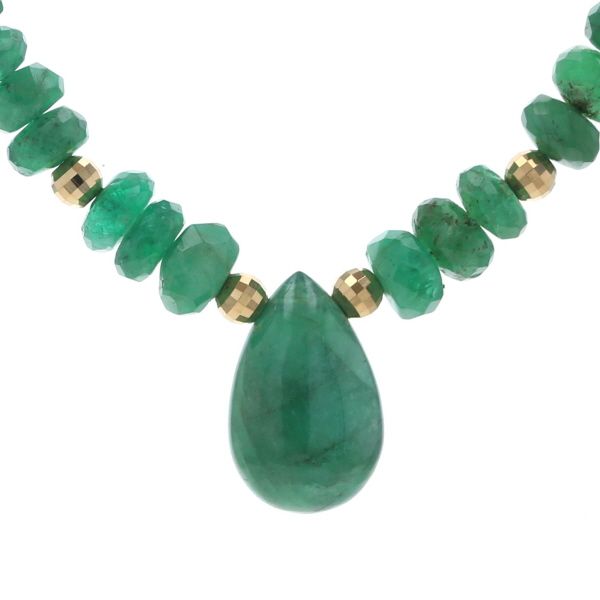 K 18 YG イエローゴールド ネックレス エメラルド ペアシェイプ ボタンカット カットボール ビーズ 48 cm 仕上済 zz