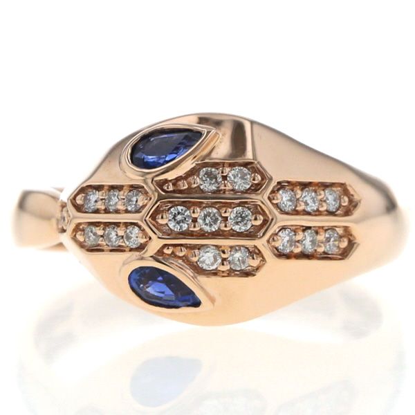 K 18 PG ピンクゴールド リング サファイア 0.33 ct ダイヤモンド 0.14 蛇 ヘビ スネーク アニマル 指輪 14号 仕上済 zz