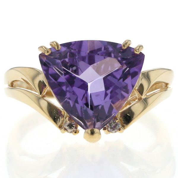 K 18 YG イエローゴールド リング アメジスト 5.22 ct ダイヤモンド 0.04 トリリアント 三角 V字 指輪 12号 仕上済 zz