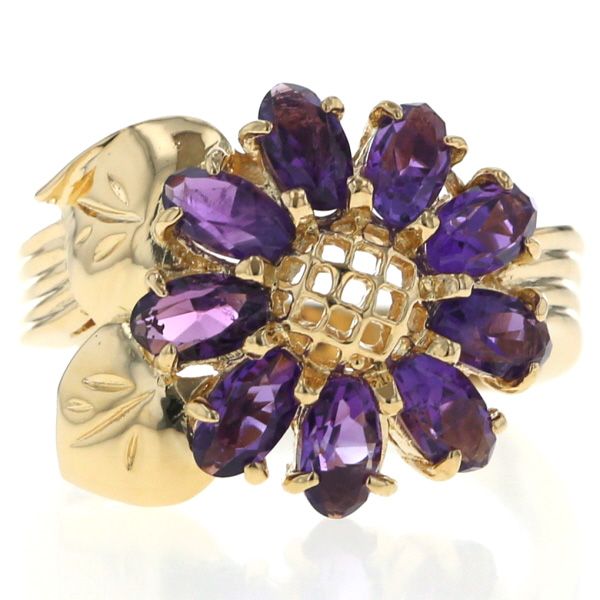 K 18 YG イエローゴールド リング アメジスト ガーベラ 花 フラワー モチーフ ウェーブ 指輪 11号 仕上済 zz