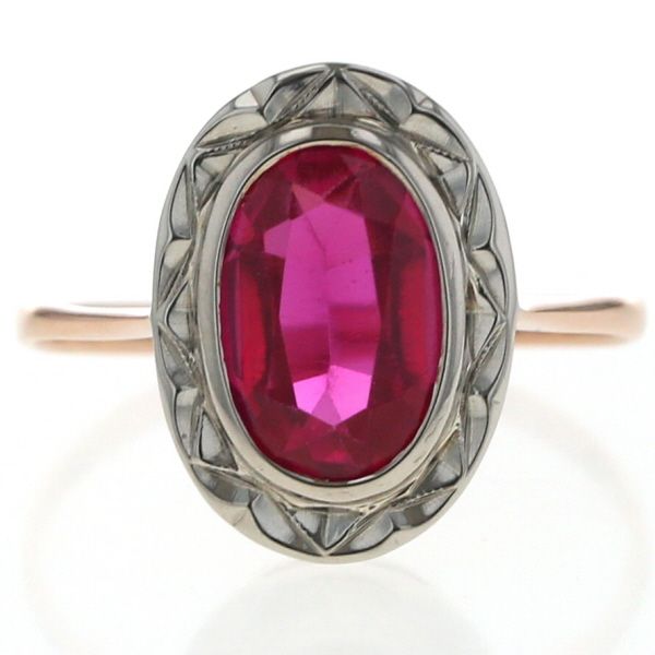 K 18 PG WG ピンクゴールド ホワイト リング 合成ルビー オーバル 大粒 彫金 アンティーク 指輪 9.5号 仕上済 zz