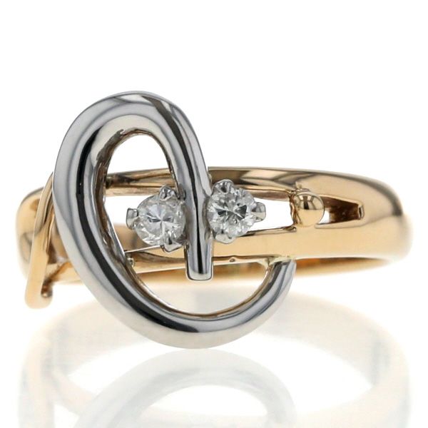 K 18 YG Pt コンビ リング ダイヤモンド 0.10 ct ラウンド 2粒 リボン ノット フェミニン デザイン 指輪 8号 仕上済 zz