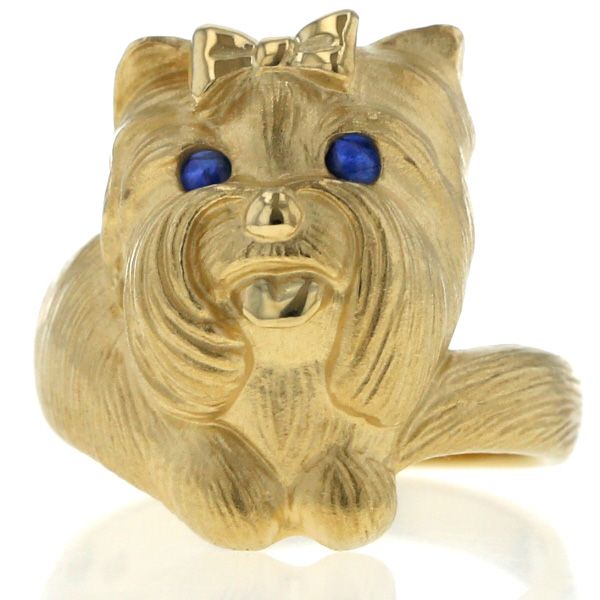 K 18 YG イエローゴールド リング サファイア ヨークシャーテリア リボン 犬 アニマル つや消し 指輪 12号 仕上済 zz