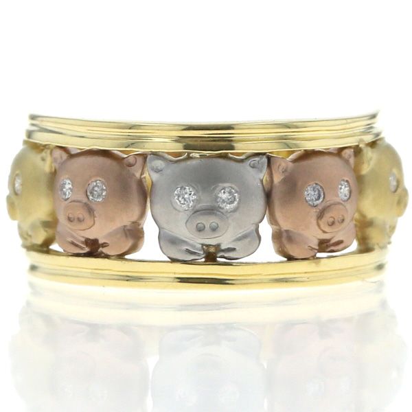 K 18 YGPG Pt 900 イエローピンクゴールド プラチナ リング ダイヤモンド 0.07 ct 豚 アニマル モチーフ 指輪 12号 仕上済 zz