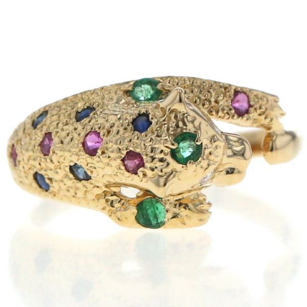 K 18 YG イエローゴールド リング エメラルド ルビー サファイア ダイヤモンド パンサー 豹 アニマル 指輪 4号 仕上済 zz