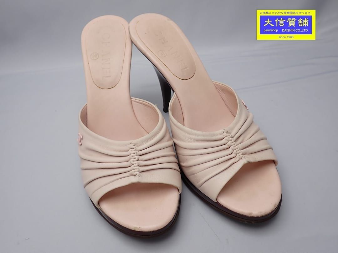 CHANEL シャネル ヒール サンダル 7.5 ピンクレザー オープントゥ 中古