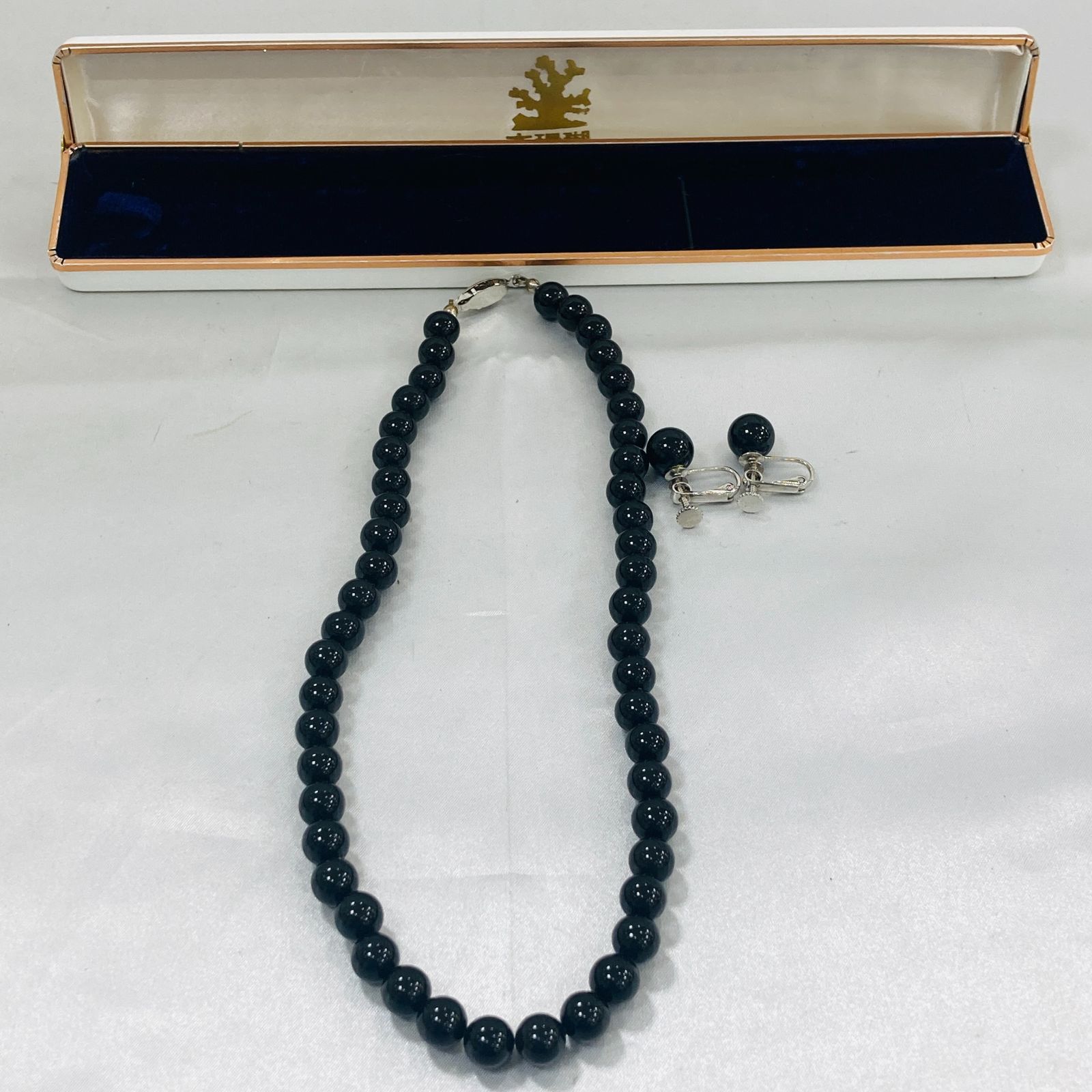 1201L42 本珊瑚 黒サンゴ ネックレス＆イヤリング 箱付 刻印