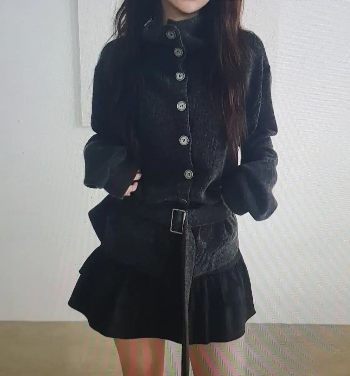 海外配送 ニットカーディガンベルトタートルネックルーズジャケットセーター